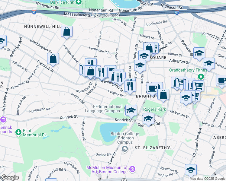 map of restaurants, bars, coffee shops, grocery stores, and more near 50 Langley Road in Boston