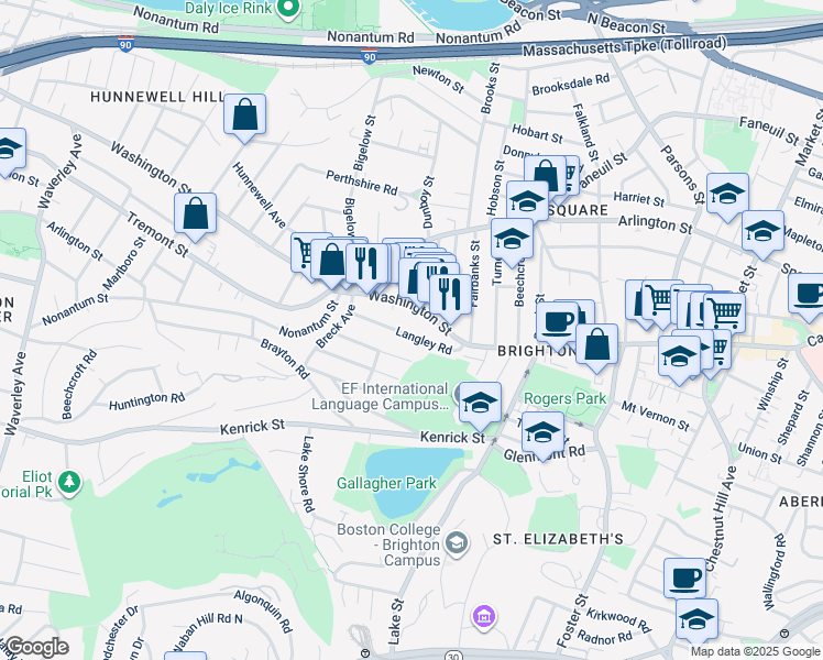 map of restaurants, bars, coffee shops, grocery stores, and more near 50 Langley Road in Boston