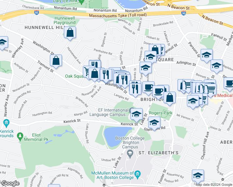 map of restaurants, bars, coffee shops, grocery stores, and more near 50 Langley Road in Boston