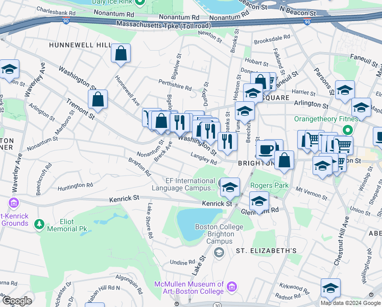 map of restaurants, bars, coffee shops, grocery stores, and more near 50 Langley Road in Boston