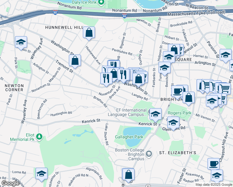 map of restaurants, bars, coffee shops, grocery stores, and more near 18 North Crescent Circuit in Boston