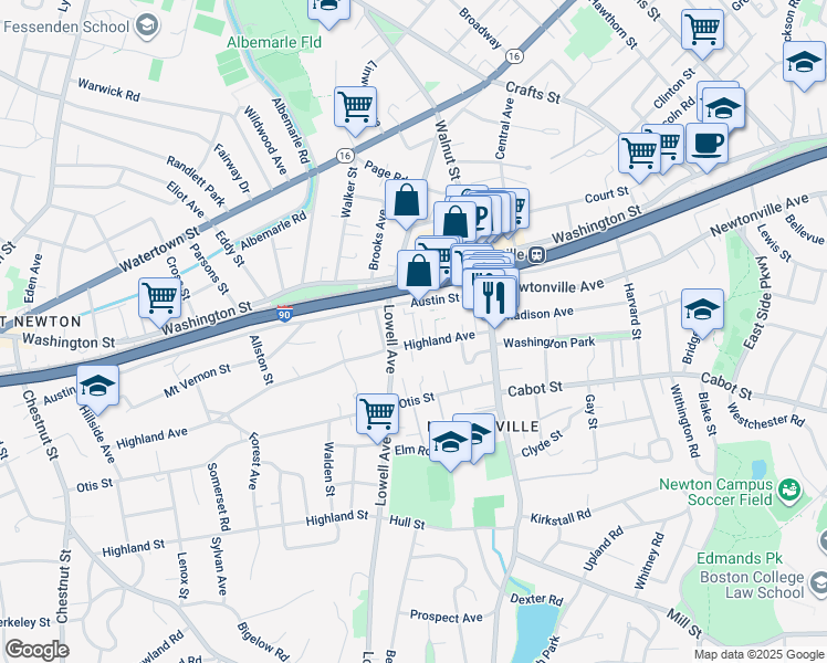 map of restaurants, bars, coffee shops, grocery stores, and more near 55 Highland Avenue in Newton