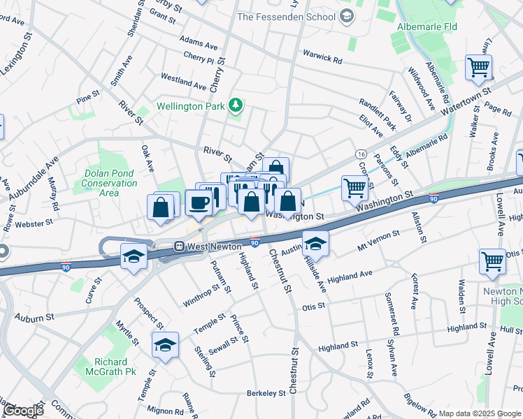 map of restaurants, bars, coffee shops, grocery stores, and more near 25 Chestnut Street in Newton