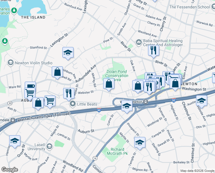 map of restaurants, bars, coffee shops, grocery stores, and more near 31 Larkin Road in Newton