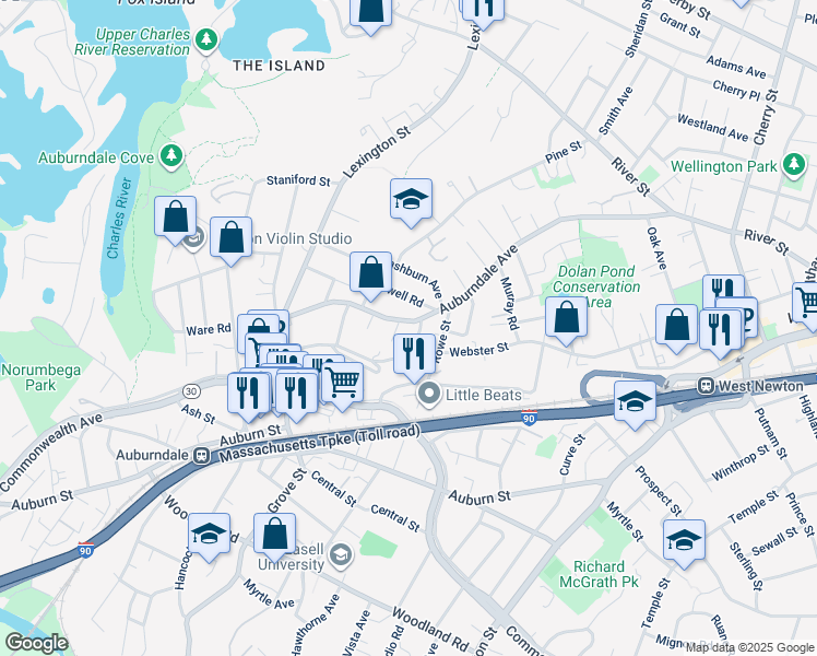 map of restaurants, bars, coffee shops, grocery stores, and more near 256 Auburndale Avenue in Newton