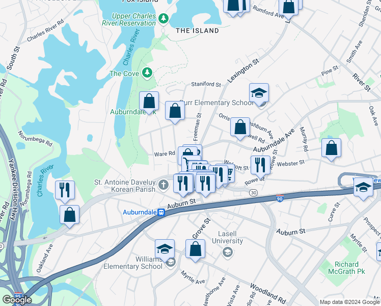map of restaurants, bars, coffee shops, grocery stores, and more near 206 Melrose Street in Newton