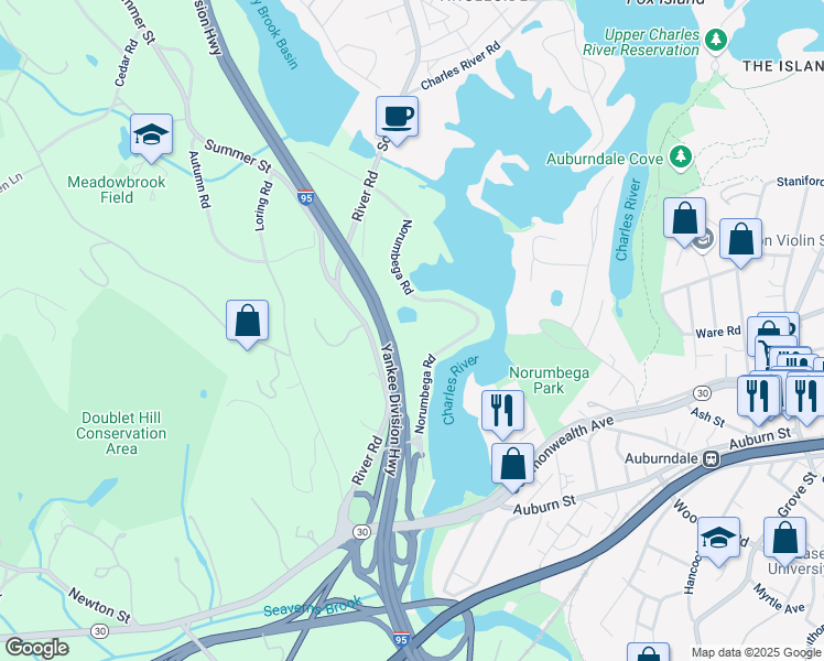 map of restaurants, bars, coffee shops, grocery stores, and more near 75 Norumbega Road in Weston