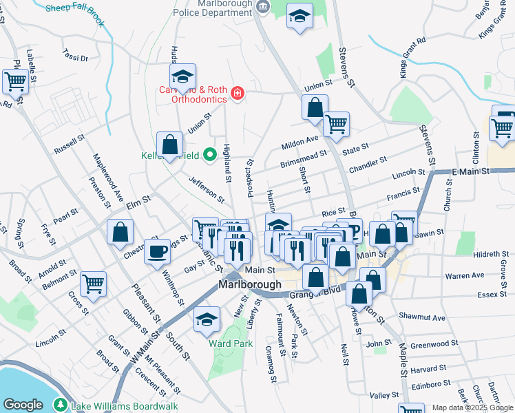 map of restaurants, bars, coffee shops, grocery stores, and more near 237 Lincoln Street in Marlborough
