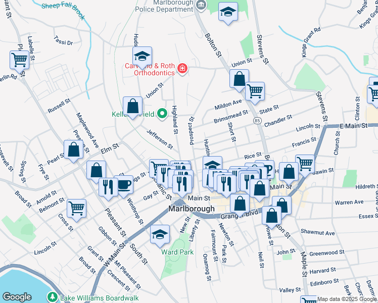 map of restaurants, bars, coffee shops, grocery stores, and more near 21 Highland Street in Marlborough