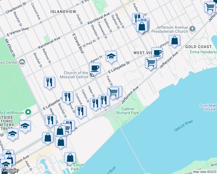 map of restaurants, bars, coffee shops, grocery stores, and more near 174 East Grand Boulevard in Detroit