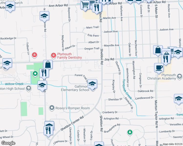 map of restaurants, bars, coffee shops, grocery stores, and more near 44710 Heather Lane in Canton