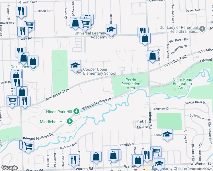 map of restaurants, bars, coffee shops, grocery stores, and more near 8205 Valleyview Circle in Westland