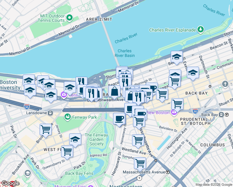 map of restaurants, bars, coffee shops, grocery stores, and more near 409 Commonwealth Avenue in Boston
