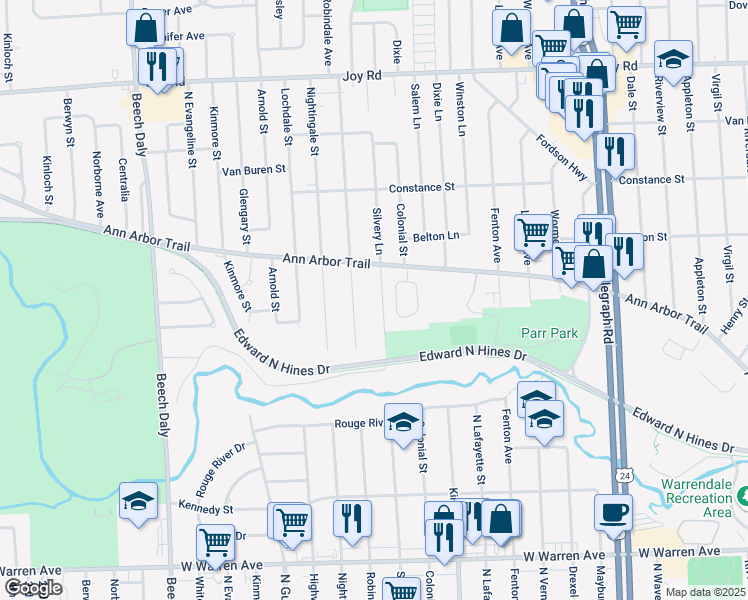 map of restaurants, bars, coffee shops, grocery stores, and more near 8054 Robindale Avenue in Dearborn Heights