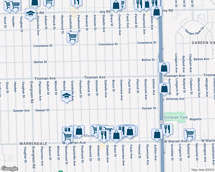map of restaurants, bars, coffee shops, grocery stores, and more near 7778 Stahelin Avenue in Detroit