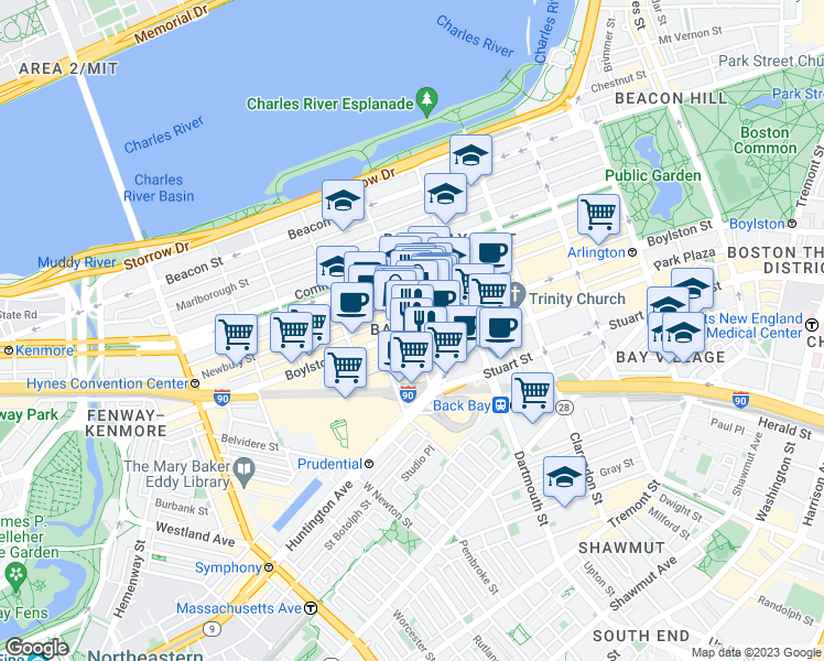 map of restaurants, bars, coffee shops, grocery stores, and more near Boylston St & Exeter St in Boston