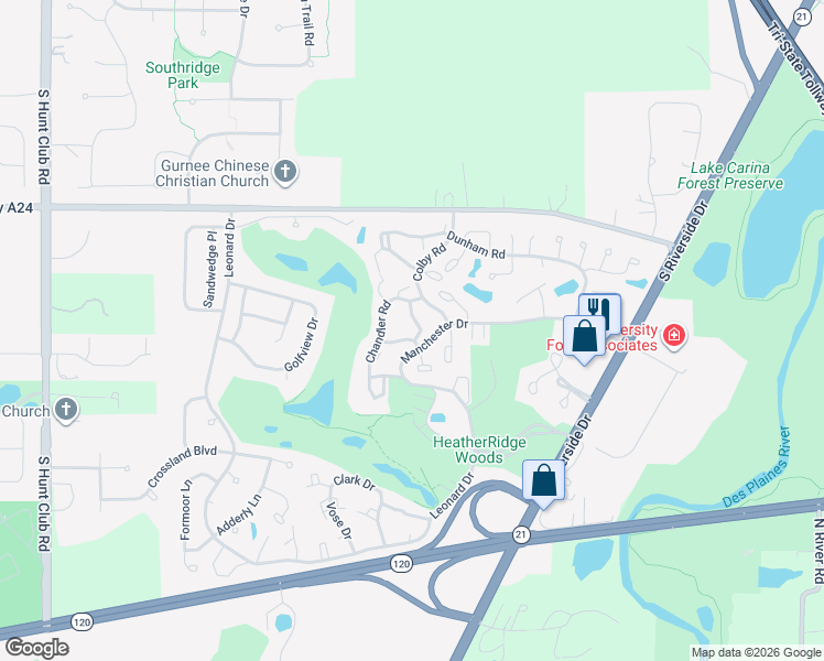 map of restaurants, bars, coffee shops, grocery stores, and more near 849 Wakefield Rd in Gurnee