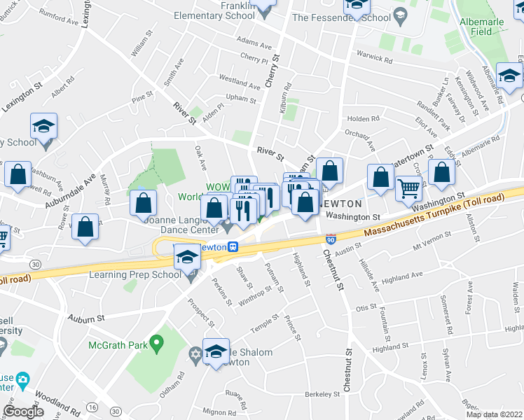 map of restaurants, bars, coffee shops, grocery stores, and more near 437 Cherry Street in Newton