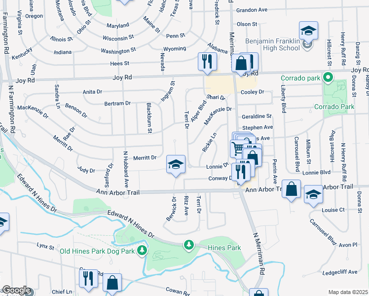 map of restaurants, bars, coffee shops, grocery stores, and more near 8325 Terri Drive in Westland