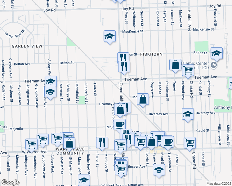 map of restaurants, bars, coffee shops, grocery stores, and more near 7774 Winthrop Street in Detroit