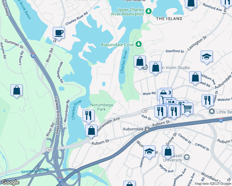 map of restaurants, bars, coffee shops, grocery stores, and more near 17 Duffield Road in Newton
