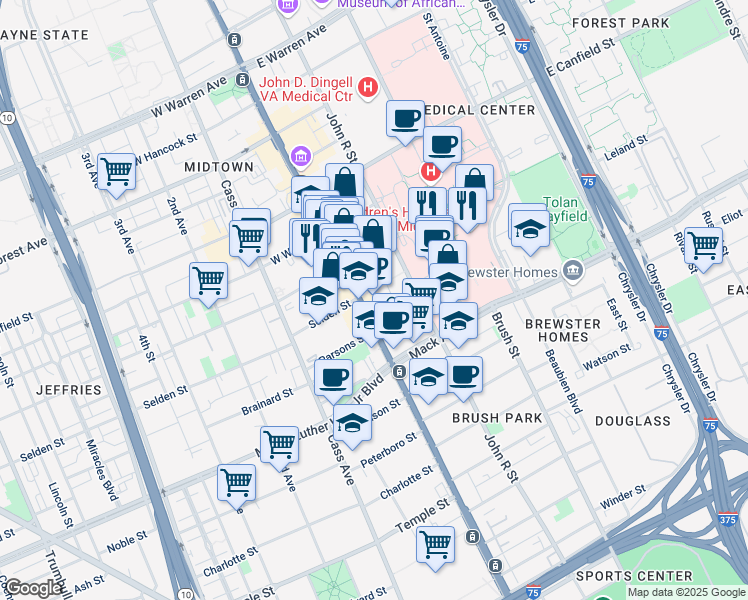 map of restaurants, bars, coffee shops, grocery stores, and more near 3800 Woodward Avenue in Detroit