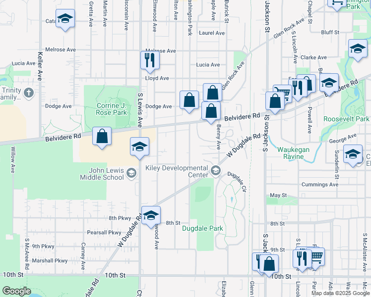map of restaurants, bars, coffee shops, grocery stores, and more near 576 Washington Park in Waukegan