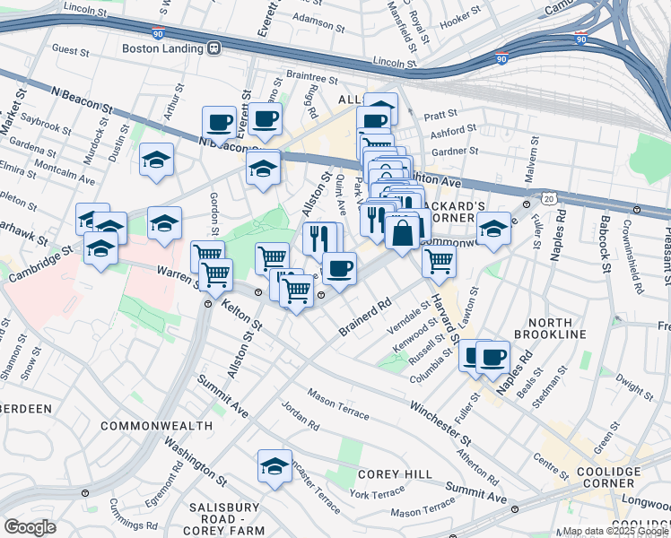 map of restaurants, bars, coffee shops, grocery stores, and more near 66 Glenville Avenue in Boston