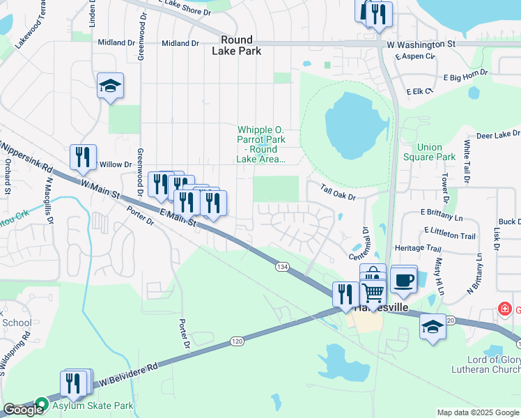 map of restaurants, bars, coffee shops, grocery stores, and more near 364 Holiday Lane in Hainesville