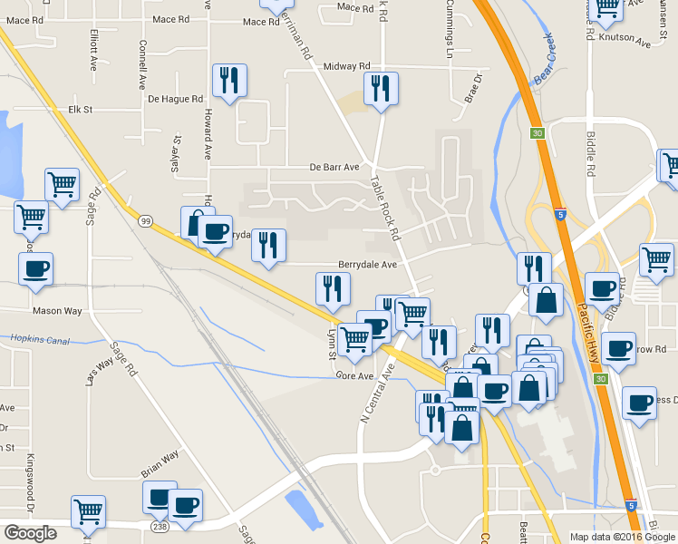 map of restaurants, bars, coffee shops, grocery stores, and more near 526 Berrydale Avenue in Medford