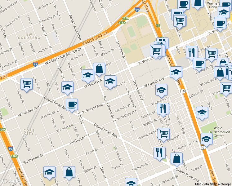 map of restaurants, bars, coffee shops, grocery stores, and more near 4733 Avery Street in Detroit