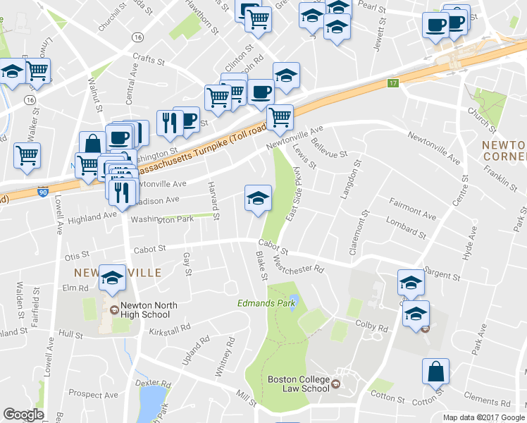 map of restaurants, bars, coffee shops, grocery stores, and more near 23 Parkview Avenue in Newton