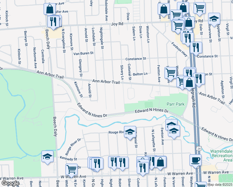 map of restaurants, bars, coffee shops, grocery stores, and more near 8054 Robindale Avenue in Dearborn Heights