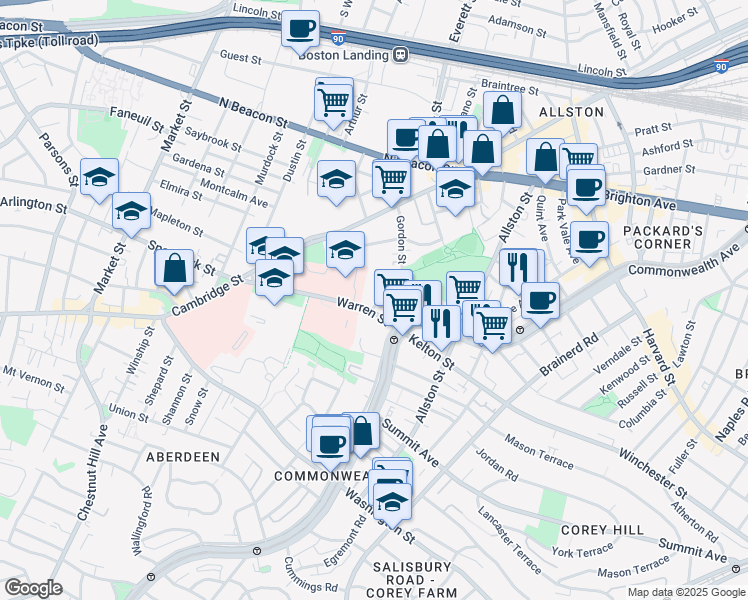 map of restaurants, bars, coffee shops, grocery stores, and more near 98-100 Warren Street in Boston