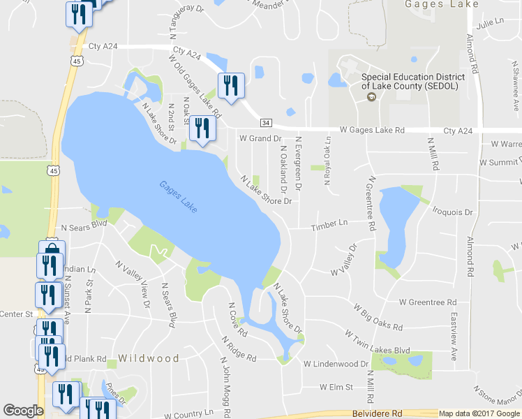 map of restaurants, bars, coffee shops, grocery stores, and more near 33500 North Lake Shore Drive in Grayslake