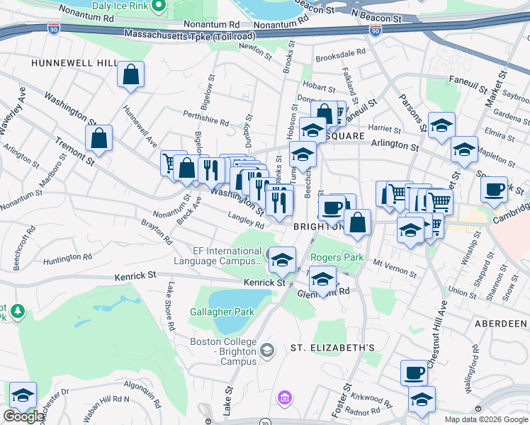map of restaurants, bars, coffee shops, grocery stores, and more near 558 Washington Street in Boston