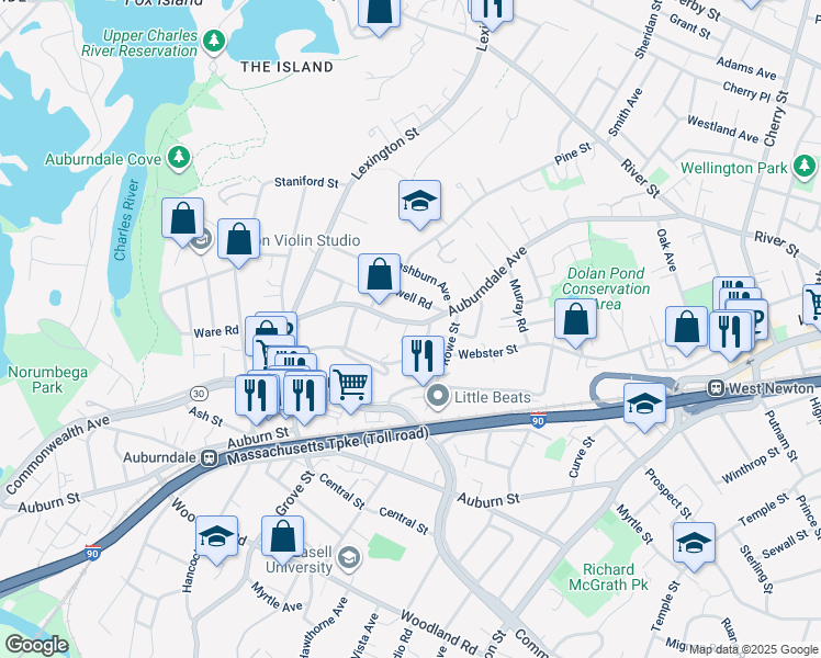 map of restaurants, bars, coffee shops, grocery stores, and more near 256 Auburndale Avenue in Newton