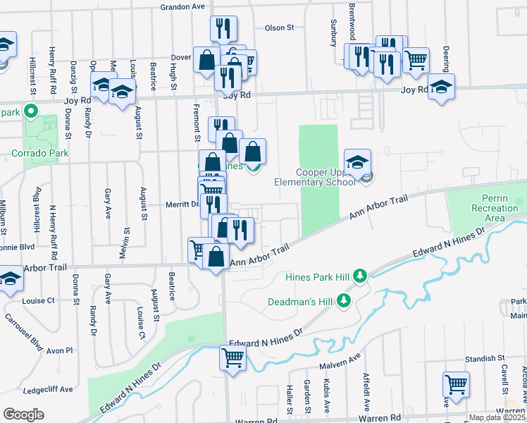 map of restaurants, bars, coffee shops, grocery stores, and more near 29084 Whitehall Street in Westland