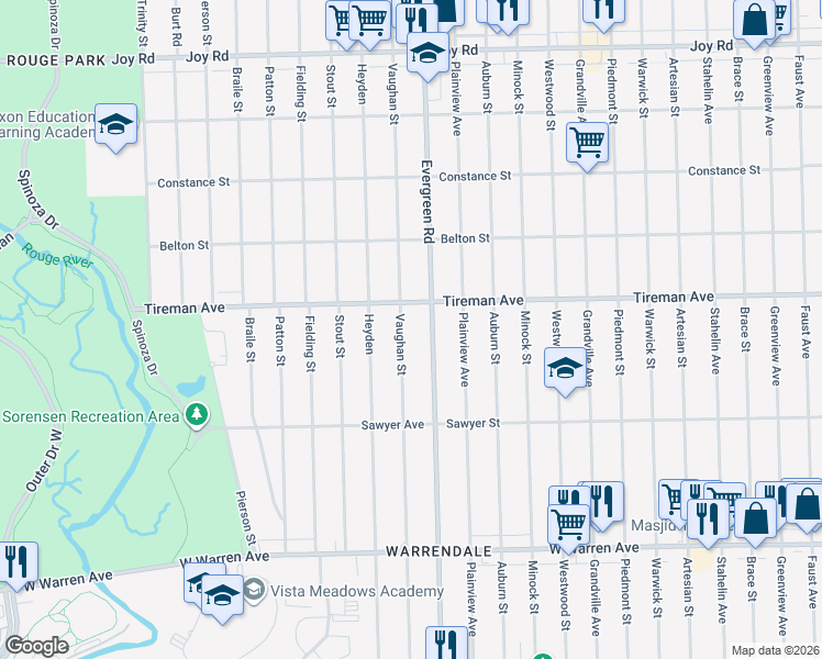 map of restaurants, bars, coffee shops, grocery stores, and more near 7794 Vaughan Street in Detroit