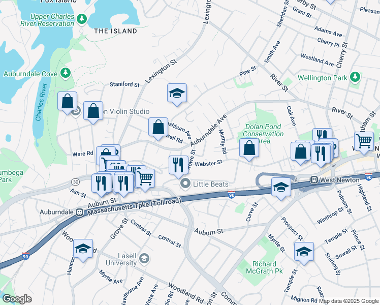 map of restaurants, bars, coffee shops, grocery stores, and more near 19 Rowe Street in Newton