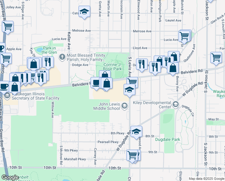 map of restaurants, bars, coffee shops, grocery stores, and more near 2011 Belvidere Road in Waukegan