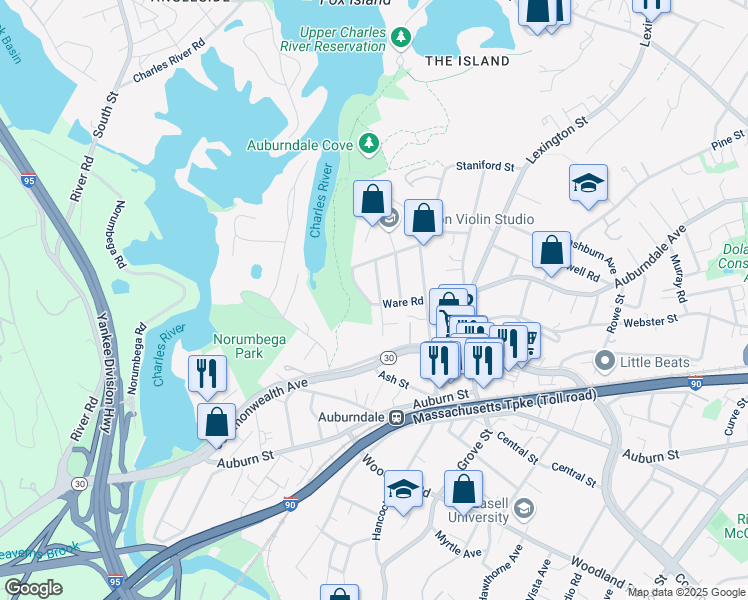 map of restaurants, bars, coffee shops, grocery stores, and more near 45 Ware Road in Newton