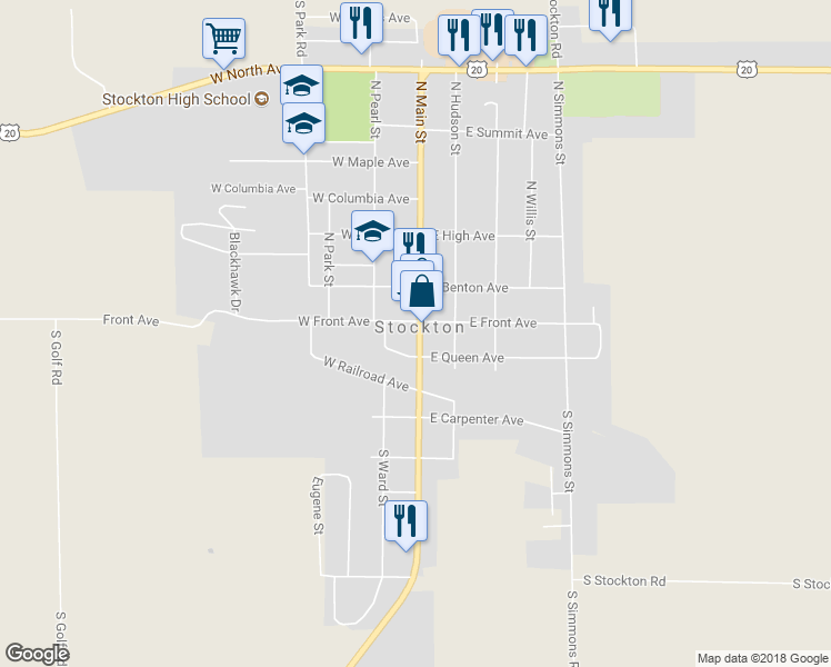 map of restaurants, bars, coffee shops, grocery stores, and more near 110 South Main Street in Stockton