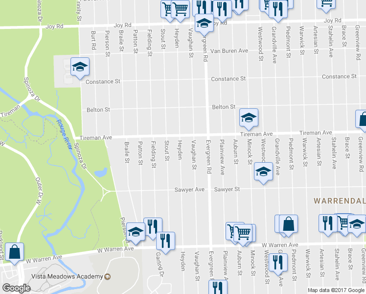 map of restaurants, bars, coffee shops, grocery stores, and more near 7794 Heyden in Detroit