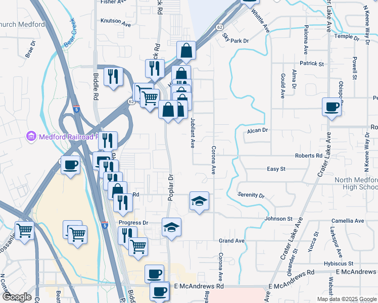 map of restaurants, bars, coffee shops, grocery stores, and more near 2107 Jubilant Avenue in Medford