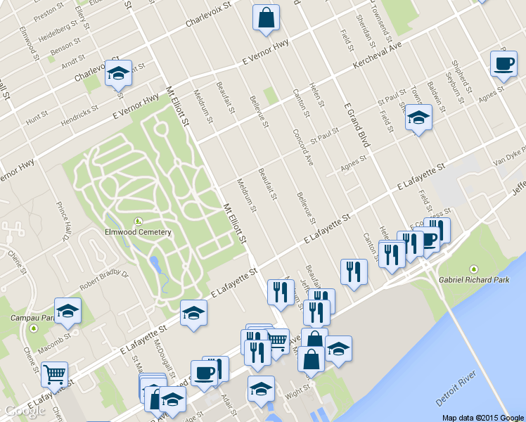 map of restaurants, bars, coffee shops, grocery stores, and more near 1150 Meldrum St in Detroit