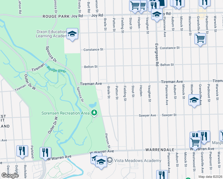 map of restaurants, bars, coffee shops, grocery stores, and more near 7800 Braile Street in Detroit