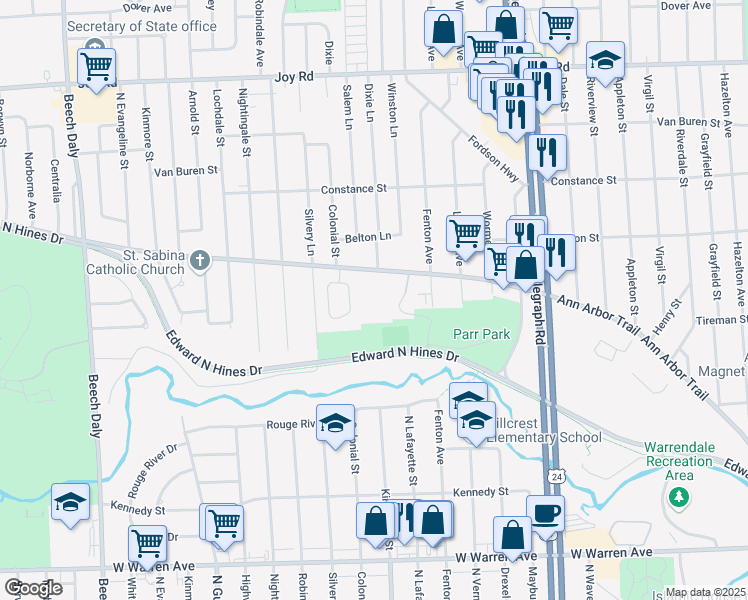 map of restaurants, bars, coffee shops, grocery stores, and more near 24579 Ann Arbor Trail in Dearborn Heights