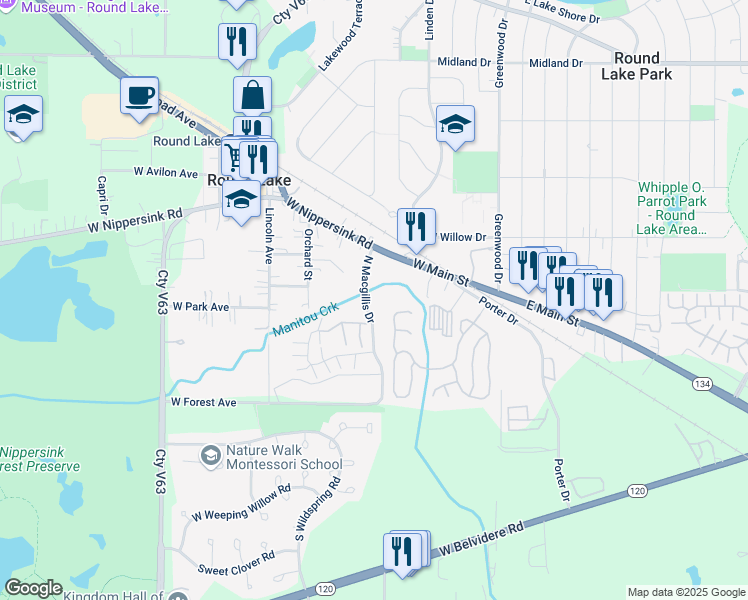 map of restaurants, bars, coffee shops, grocery stores, and more near 99 North Macgillis Drive in Round Lake