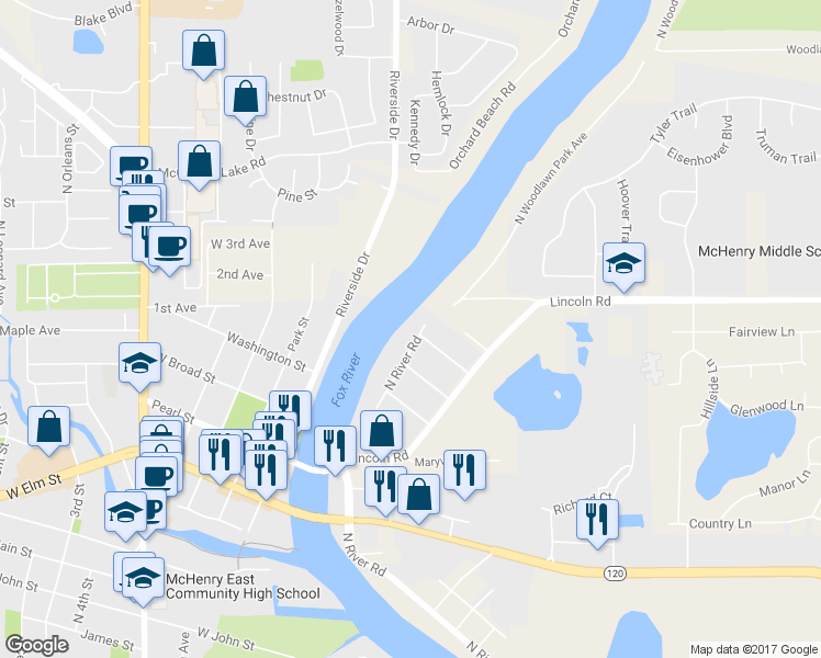 map of restaurants, bars, coffee shops, grocery stores, and more near 1513 North River Road in McHenry